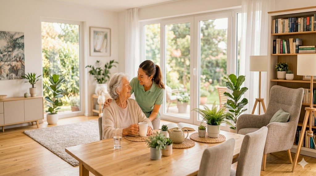 Betreuungskraft hält die Hand einer Seniorin
